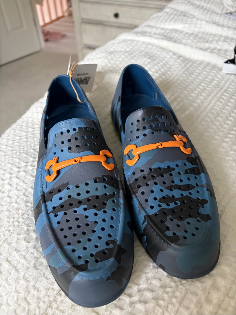 Men's Blue Camouflage Boat Shoes with Orange Accent